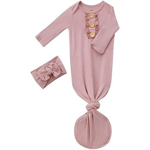 Newborn Baby Girls Knotted Gown Headbands Set Soft Viscose from Bamboo Infant Sleeper Baby Sleep Gown with Mittens