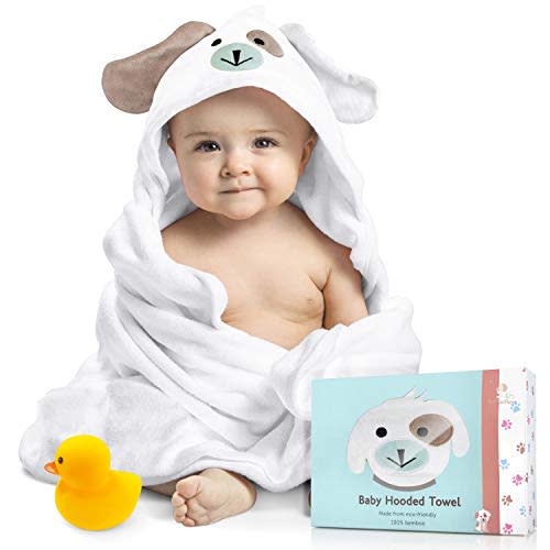 Foreverpure Baby Hooded Towel 100% Organic Bamboo Cotton, Super Absorbent, for Boys and Girls. Ultra Soft, X-Large, 35 x 35 inches. Perfect with Washcloth and Greeting Card (White)