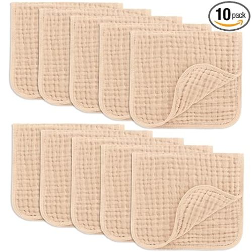 Muslin Burp Cloths 20" x 10", Pack of 10 - Large, 6-Layer, Ultra Absorbent 100% Cotton for Baby Drool and Messes - Soft, Safe & Gentle Baby Burp Cloths for Boys & Girls - Cream