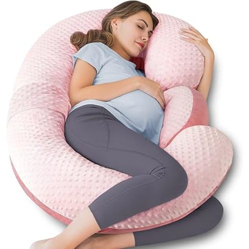 QUEEN ROSE Pregnancy Pillows - E Shaped Pregnancy Pillows for Sleeping, Detachable Body Pillow for Pregnant Side Sleeper, Pink Velvet, 60in