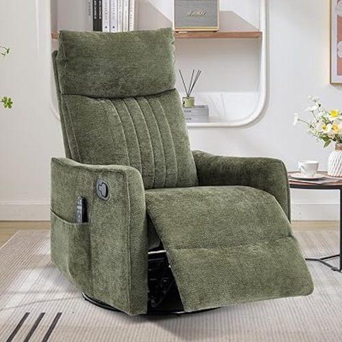 Swivel Rocker Recliner Chair, 360° Swivel Recliner with Heat and Massage, Rocker Recliner Nursery Glider Chair with Side Pockets for Living Room (Olive Green, Fabric)