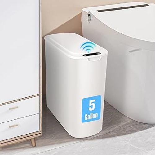 Cesun 5 Gallon Automatic Bathroom Trash Can, Touchless Motion Sensor Garbage Can with Lid, Smart Plastic Slim Wastebasket for Bathroom, Office, rv, Bedroom, Living Room, White