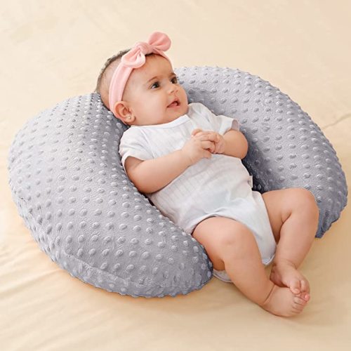 Nursing Pillow and Positioner, Breastfeeding, Bottle Feeding, Baby Sitting Support with Removable Ultra Soft Minky Cover, Tummy Time Support for Baby Boys and Girls (Gray) - 22" x 17.7" x 5.9"
