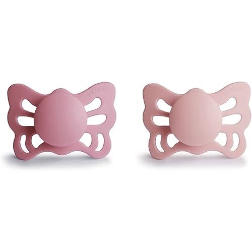 FRIGG Butterfly Anatomical SilkySoft Silicone Baby Pacifier | Made in Denmark | BPA-Free (Cedar/Baby Pink, 0-6 Months)