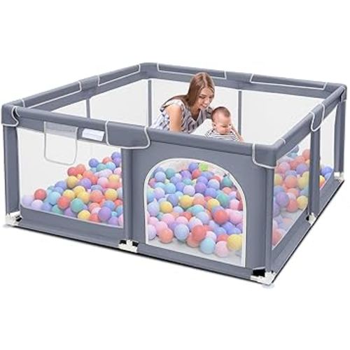 Suposeu Baby Playpen, Play Pen for Kids Activity Center, Large Baby Playard for Indoor and Outdoor, Sturdy Safety Baby Fence with Soft Breathable Mesh for Toddler, Grey