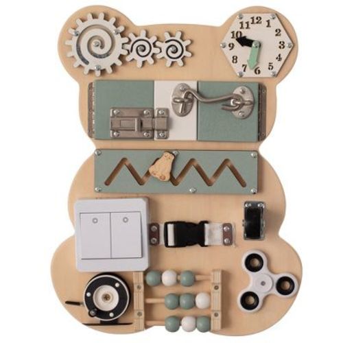 Wooden Sensory Bear Shaped Learning Toddler Busy Board for Playroom, Nursery, Preschool, and Doctors' Office, Green
