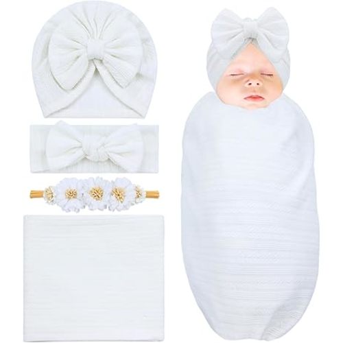Cinaci 4pcs White Soft Nursery Newborn Baby Receiving Swaddle Blanket with Matching Turban Hat Bow Headbands Floral Nylon Headbands for Baby Girls Newborn Infants