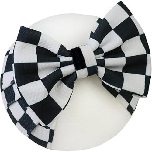 Racing Checkered Flag Baby Girls Headbands, Black Flag Printed Big Bows for Baby Girls Elastic White Racing Fan Pigtail Wide Hairbands for Baby Girl Newborn Infant