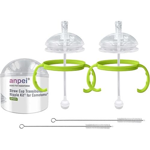 Straw Transition Cup Kit for Comotomo Baby Bottles | Conversion Kit Fits 5 and 8 Ounce Bottles | Soft, Silicone Straw Top Bottle Nipple & Weighted Straw to Help Baby | 2 Pack (Green) + Brushes