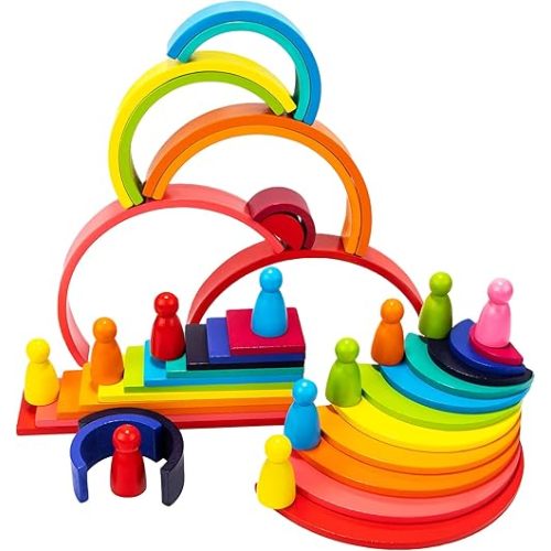 Wooden Rianbow Stacker Playset, 4-in-1 Rainbow Stacking Toys Building Blocks for Kids Ages 3 4 5 Preschool Montessori Toys Christmas Birthday Gifts for Toddlers Boys Girls 3-5 (45 Pieces)