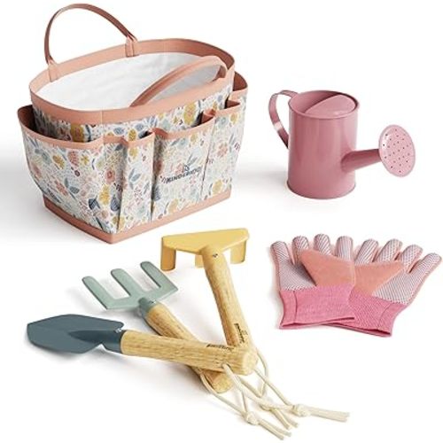 Gardening Set, Tool Kit, for Kids, STEM, Includes Tote Bag, Spade, Watering Can, Rake, Fork, Trowel and Gloves (Petal)