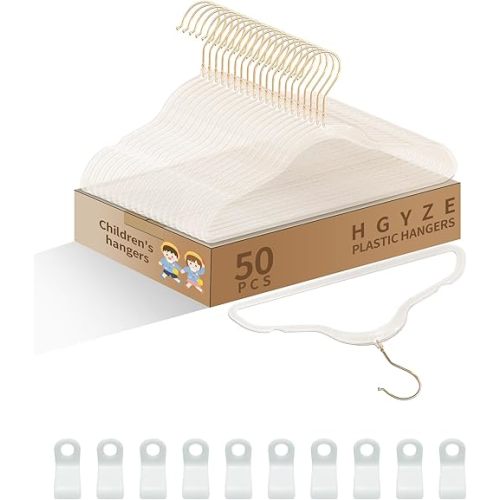 HGYZE Toddler Hangers for Kids Clothes Closet, 50pcs Slim Baby Hangers with 10 Connector Hooks for Infant Coat, Perchas de Plástico for Boy Nursery (Clear Sparkling Hangar with Gold Glitter)