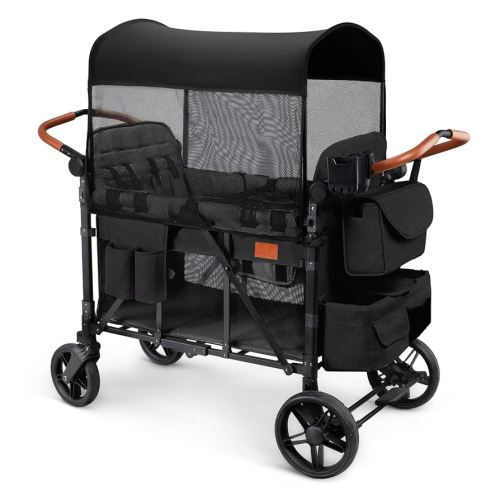 Wagon Stroller for 4 Kids, All-Terrain Wagon for Toddler with Canopy, Parent Organizer, Shoulder Bag, Adjustable Handlebar, Phone Holder, High Seat & 5 Point Harness, Ultimate Quad (Black)