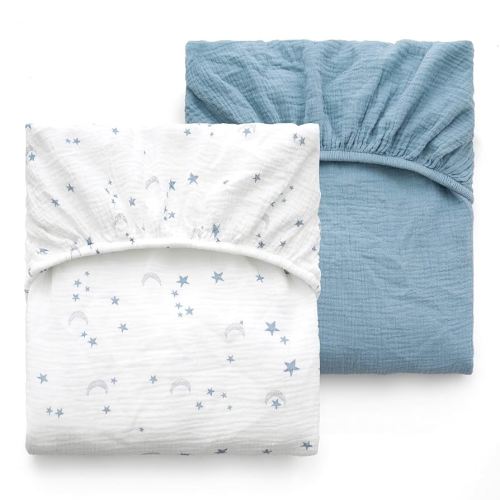 Momcozy Muslin Standard Fitted Crib Sheets, 52"x28", 2 Pack Soft Breathable Natural Cotton Baby Mattress Sheet, 360° Mattress Wrapping No Slip Boys Girls Neutral Toddler Bed Sheet, Blue Star Moon