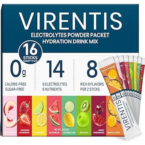 16 Sticks Electrolytes Powder Packets Sugar Free Hydration Packets, 8 Flavors Liquid Daily IV Electrolyte Drink Mix for Rehydration with 8 Electrolytes & 6 Vitamins, 0 Calorie, Low Sodium