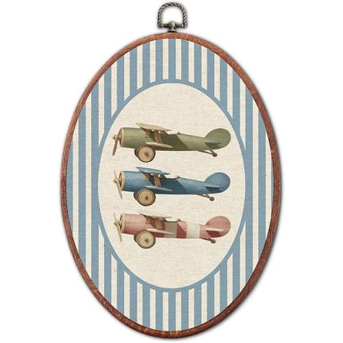 Vintage Airplane Nursery Oval Wall Art Framed, Blue Striped Watercolor Vehicles Canvas Prints, Unique Car Decoration Hanging Wall Decor for Kids Toddler Room Bedroom Playroom, 8.6x11.4 Inch