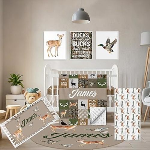 Custom Baby Crib Bedding Set, 5 Pcs Personalized Name Baby Crib Sets for Infant Toddler, Green Woodland Deer Nursery Bedding Set for Boys Girls, Double Layer Baby Bedding Sets Customized Gifts