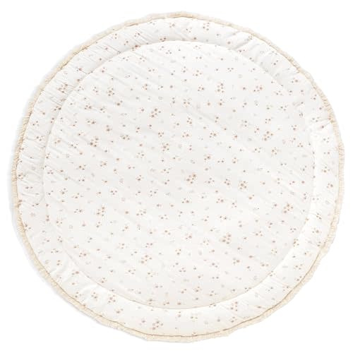 MakeMake Organics Organic Play Mat GOTS Certified Organic Cotton Nursery Floor Rug Washable Reversible Non Toxic Activity Mat Tummy Time Crawling Pad Thick Quilted (Round 48", Bloom + Solid Oat)
