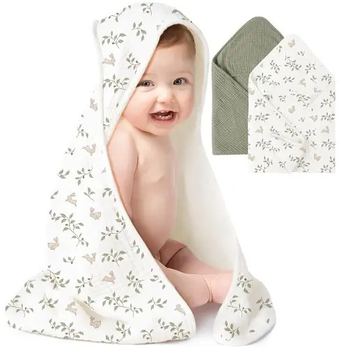 Konssy 2-Pack Muslin Hooded Baby Towels, 100% Cotton, Ultra-Soft & Absorbent Baby Bath Towels with Hood for Newborn & Infant (Fog Green, Sprout, 30'' x 30'')