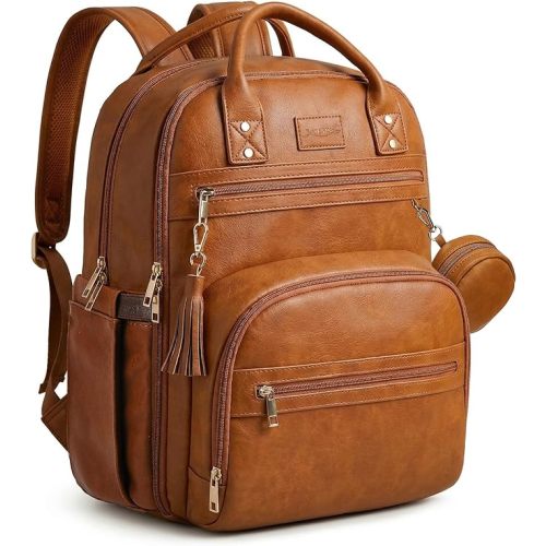 Premium Vegan Leather Diaper Bag Backpack with Waterproof Changing Pad, Reinforced Zippers & Odor-Free, 20 Pockets Pro Organizer, Fits 15.6" Laptop, Stroller Straps, Baby Bag for Mom, Brown