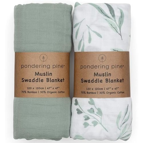 Organic Baby Muslin Swaddle Blankets for Boy or Girl - Eucalyptus Leaves and Sage Swaddling Blanket 2 Pack - Soft Muslin, XLarge and Breathable, Boho Baby, 47" X 47"