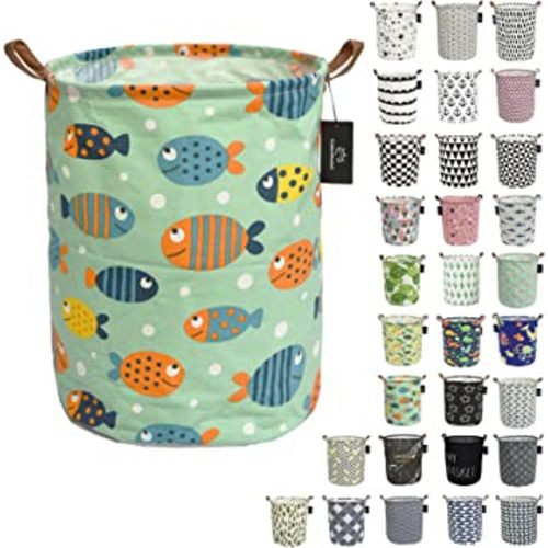 laundry baskets,bedroom hamper,kitchen organization,GodenMoninG 62.8L Waterproof Round Cotton Linen with Handles Collapsible storage basket. (Colour Fish)