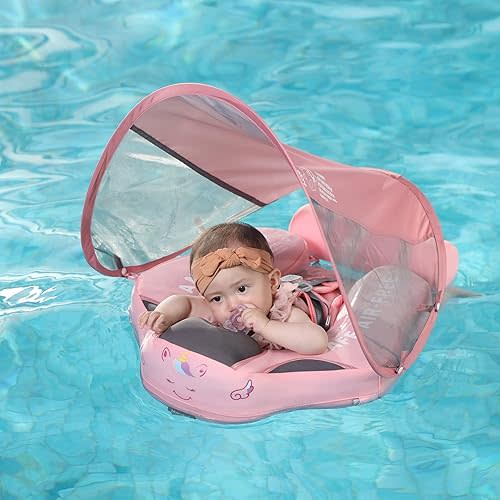 Mambobaby Float with Canopy Size Improved Non Inflatable Infant Baby Pool Float Smart Mambo Float Swim Trainer Add Tail Baby Swim Float Mambo Baby Float Solid Air Free Water Waist Swimming Ring