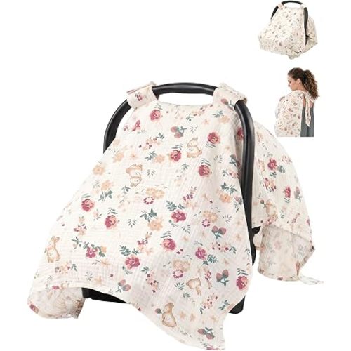 100% Muslin Car Seat Cover Baby & Nursing Cover, Soft Breathable Infant Carseat Canopy for Summer, Stroller & Carrier Sunshade for Boys Girls (Cute Rabbit)
