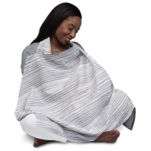Boppy Nursing Cover for Breastfeeding | Gray Watercolor Stripes | Apron Style with Compact Integrated Storage Pocket | Neckline to See Baby While Feeding for Nursing Mother