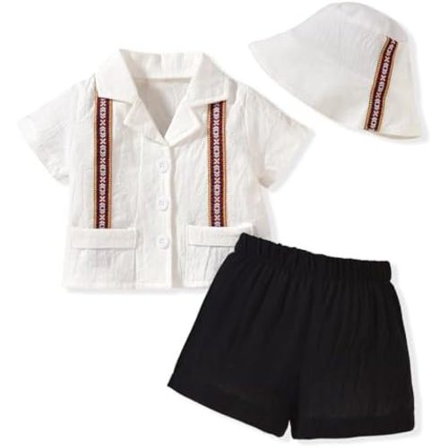 Toddler Baby Boy Summer Outfit Embroidered Mexican Guayabera Shorts Set with Hat