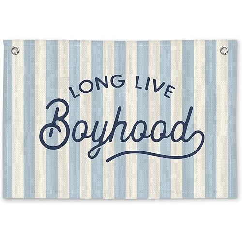 Long Live Boyhood Blue Striped Boys Room Decor - Linen Banner Wall Hanging Canvas Banner Flag Decor for Toddler Boy Bedroom Nursery Playroom