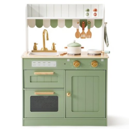 Robud Play Kitchen for Kids Toddlers, Wooden Pretend Play Kitchen Set Toy with Cutting Food Set, Toys Kitchen Gift for 3+ Kids,Green