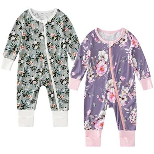 OPAWO Viscose from Bamboo Baby Pajamas Girl 2pack Mittens Cuff 2 Way Zipper Soft Footless Sleeper Baby Boy One-Piece Romper