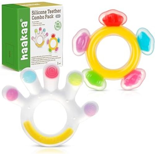 Haakaa Silicone Teether Combo - Baby Freezer Teething Toy - Soft Cold Teether - Soothe Teething Pain & Itching Gums - Perfect Size - Palm & Ferris Wheel Shape for 3M+ Babies BPA Free - 2 pk