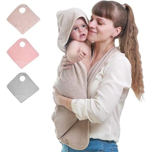 KELRICER Hooded Baby Towels for Newborn, Hands Free Baby Hooded Bath Towel, Oversized Baby Towel with Super Absorbent 100% Cotton, 35.4 * 35.4 Inch Full Coverage Kids Bath Towel (Khaki)