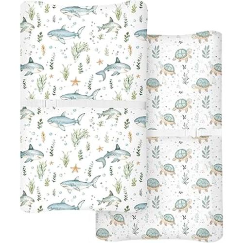 Changing Pad Cover for Baby Boys Girls 2 Pack, Fits Standard 32”×16” Changing Table Pads, Silky Breathable Stretch Knit, Machine Washable (Turtle & Shark)