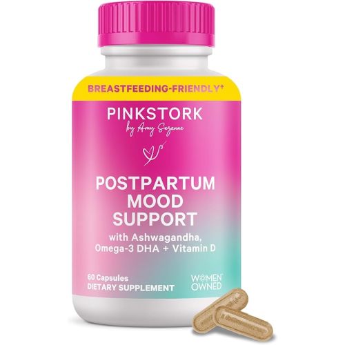 Pink Stork Postpartum Mood Support - Postnatal Hormone Balance for Women - Breastfeeding Friendly - Stress & Cognitive Support, New Mom Essentials - Ashwagandha, Chamomile, & Vitamin D, 60 Capsules