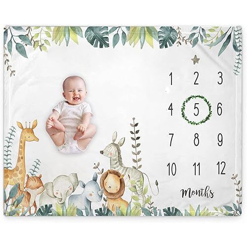 Popfavors, Yuzioey Safari Baby Monthly Milestone Blanket, Jungle Animals Baby Month Blanket , Baby Boy Blanket Growth Chart Nursery Decor, Includes Marker, White, 50Inx40In
