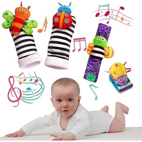 Baby Wrist Rattle Foot Finder Socks 4Pcs,Newborn Sensory Learning Toys for 0-3-6-12 Months, JOMWEN Cartoon Animal Rattles Tummy Time Toy Gift for Baby Boy Girl, Hand Bracelet Rattle Foot Socks-Bees