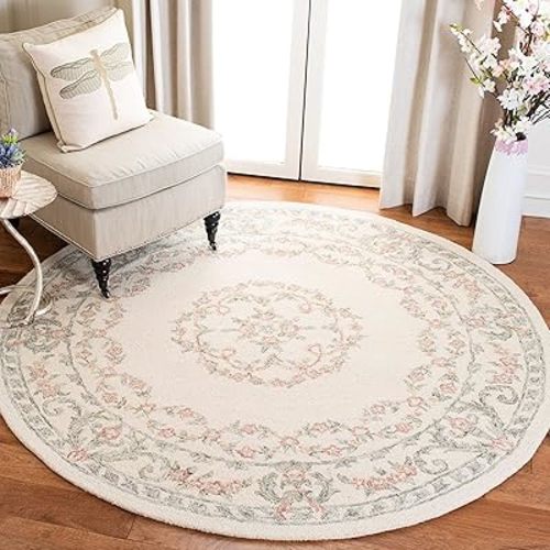 SAFAVIEH Aubusson Collection Area Rug - 6' Round, Ivory & Pink, Handmade Traditional Wool, Ideal for High Traffic Areas in Living Room, Bedroom (AUB102A)