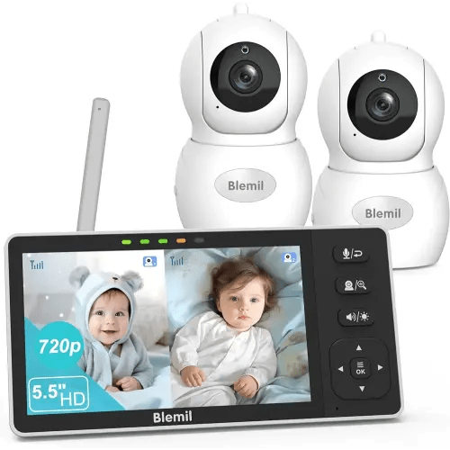 5.5" HD Split-Screen Baby Monitor, Video Baby Monitor with 2 Cameras, Two Resolution HD Cameras with Remote PTZ, Two-Way Talk, 4000mAh Battery, Night Vision