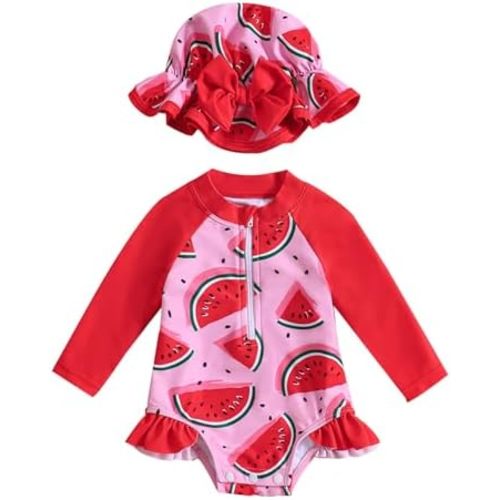 Baby Girls Swimsuit Long Sleeve Zipper Bathing Suit One Piece Swimwear with Hat