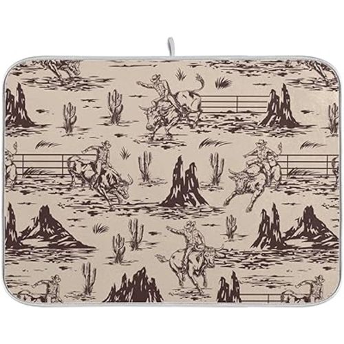 West Cactus Cowboy Dish Drying Mat for Kitchen Counter Absorbent Microfiber Drying Pad, Medium 16x18 in, Reversible Drainer Mats