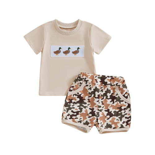 Toddler Baby Kids Boys Summer Outfits 3 6 12 18 24 Months 2T 3T Duck Embroidered Short Sleeve T-Shirts Elastic Waist Shorts 2Pcs Clothes Set