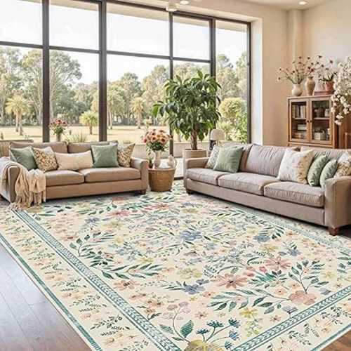 Floral Rug for Living Room Bedroom, 8x10 Area Rugs, Green Vintage Boho Washable Rug, Large Non Slip Low Pile Wool Carpet for Indoor Dining Room,Girls Room,Nursery Room and Kids Room