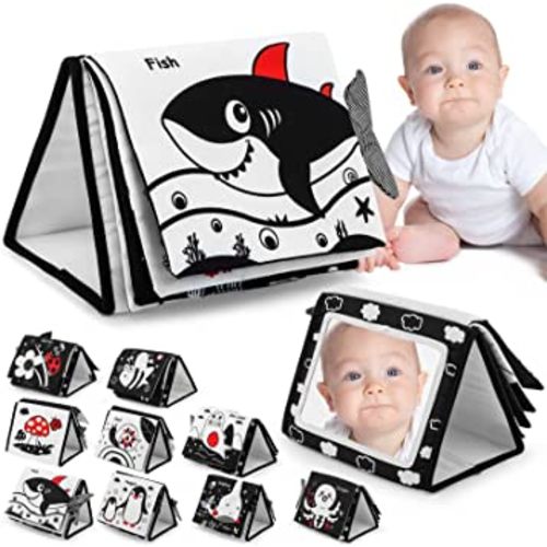Tummy Time Mirror for Babies 0-6 Months, Baby Floor Mirror Toys with Crinkle Cloth Book, Black and White High Contrast Baby Toys, Double Folding Montessori Toys Crawling Activity Mat (A-Black)