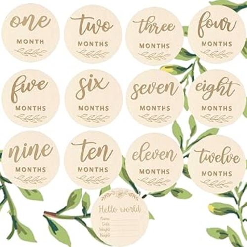 Wooden Baby Monthly Milestones for Newborn Baby,1-12 Months Baby Announcement Discs, Pregnancy Baby Shower Gifts (Double-Sided Plant Milestone)