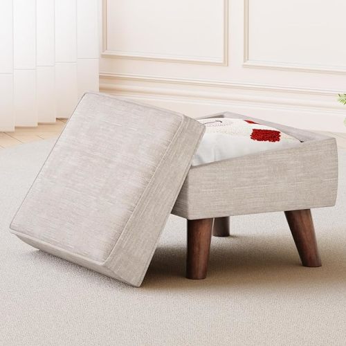Ottoman Foot Rest, Small Footstool Ottoman with Storage, Modern Foot Stool with Adjustable Lid and Sturdy Wood Legs for Living Room, Bedroom, Couch, Enterway (Beige)