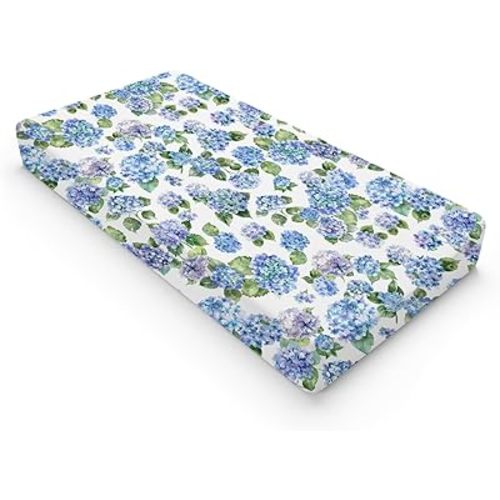 Blue Hydrangea Floral Changing Pad Covers Watercolor Flowers Painting Baby Changing Table Sheets for Boys Girls Wild Floral Soft Breathable Stretchy Fitted Diaper Change Table Pad Mats 32''x16''