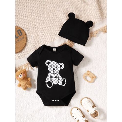 SHEIN | Newborn Baby Boy Cute Bear Printed Bodysuit With Hat